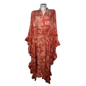 New ONION Dress One Size Orange White Printed Ruffle Belted V-neck Maxi Kaftan